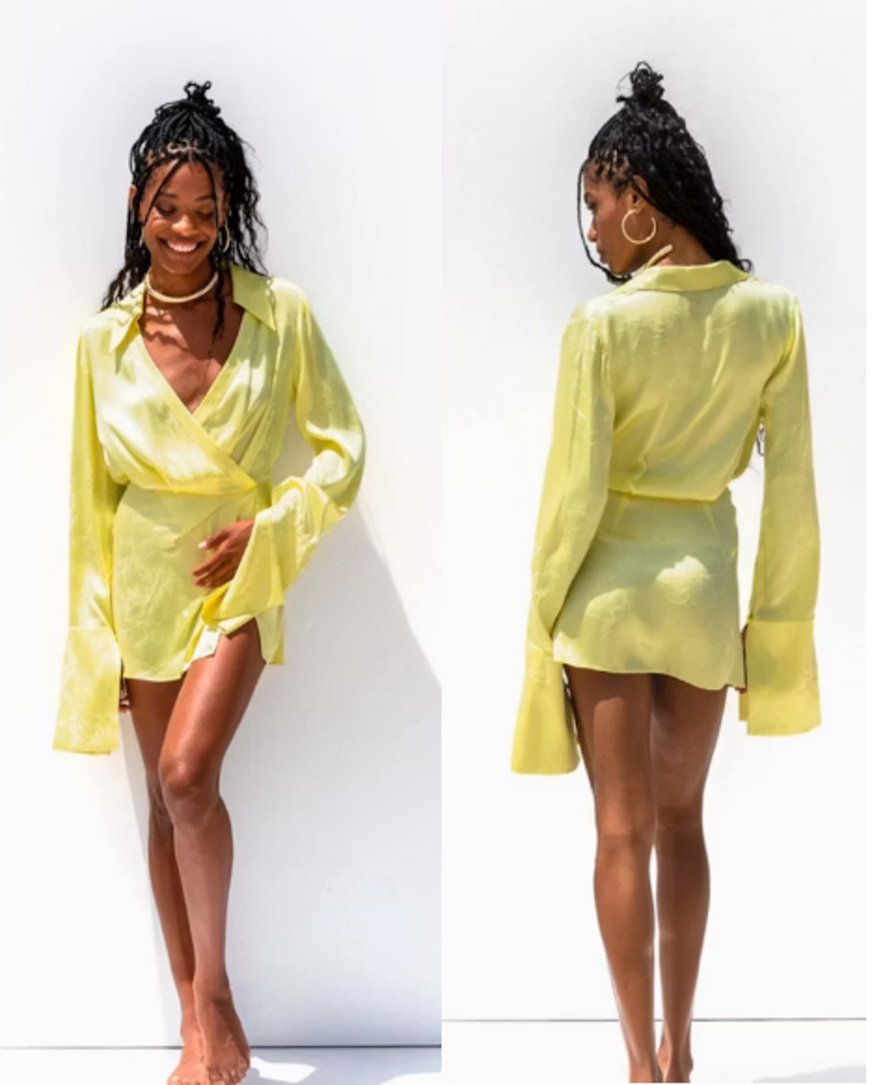 Rat & Boa Long Sleeve Surplice Neck Faux Wrap Mini Dress Yellow Women's Size S